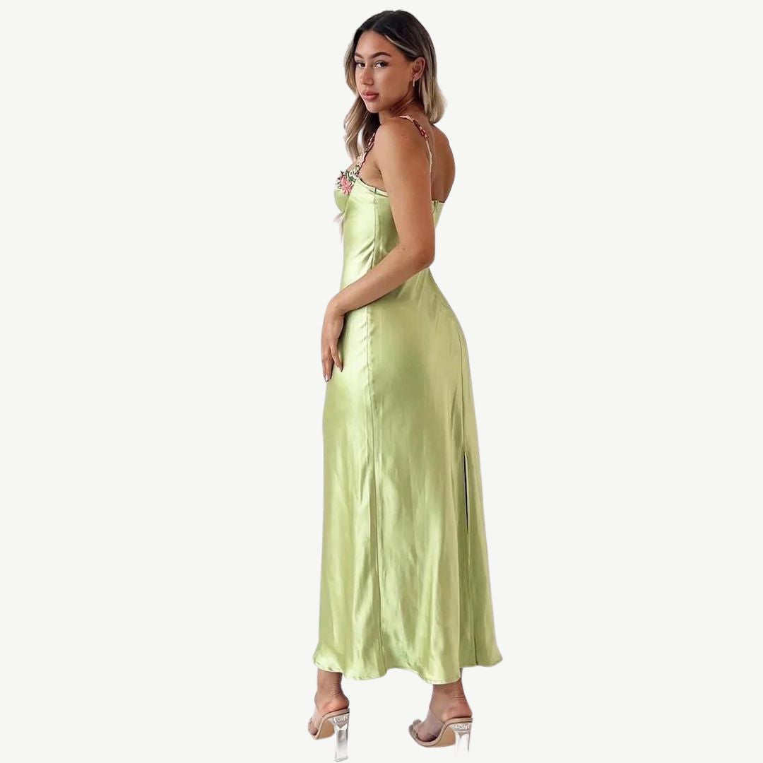 Model wearing the Maya Women's Embroidered Strap Dress, featuring intricate embroidery on the straps and a form-fitting, elegant silhouette, perfect for special occasions and sophisticated styling.