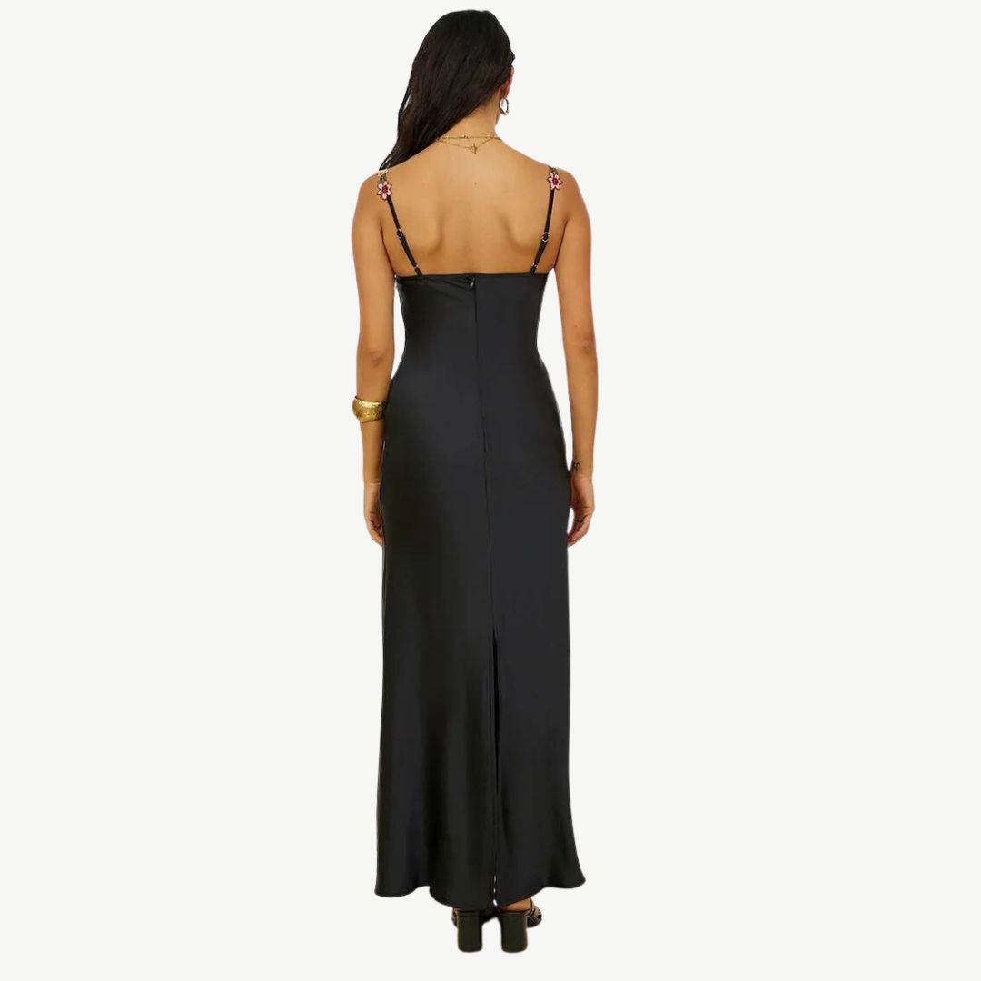 Model wearing the Maya Women's Embroidered Strap Dress, featuring intricate embroidery on the straps and a form-fitting, elegant silhouette, perfect for special occasions and sophisticated styling.