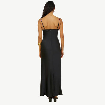 Model wearing the Maya Women's Embroidered Strap Dress, featuring intricate embroidery on the straps and a form-fitting, elegant silhouette, perfect for special occasions and sophisticated styling.
