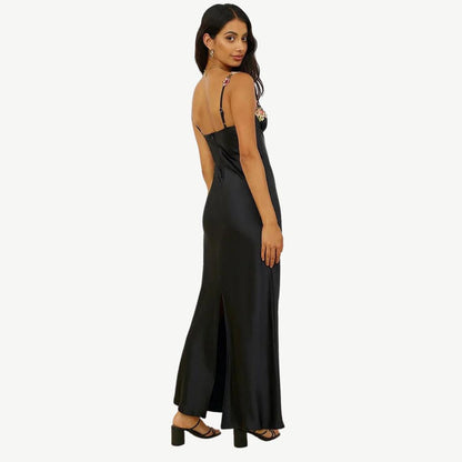 Model wearing the Maya Women's Embroidered Strap Dress, featuring intricate embroidery on the straps and a form-fitting, elegant silhouette, perfect for special occasions and sophisticated styling.