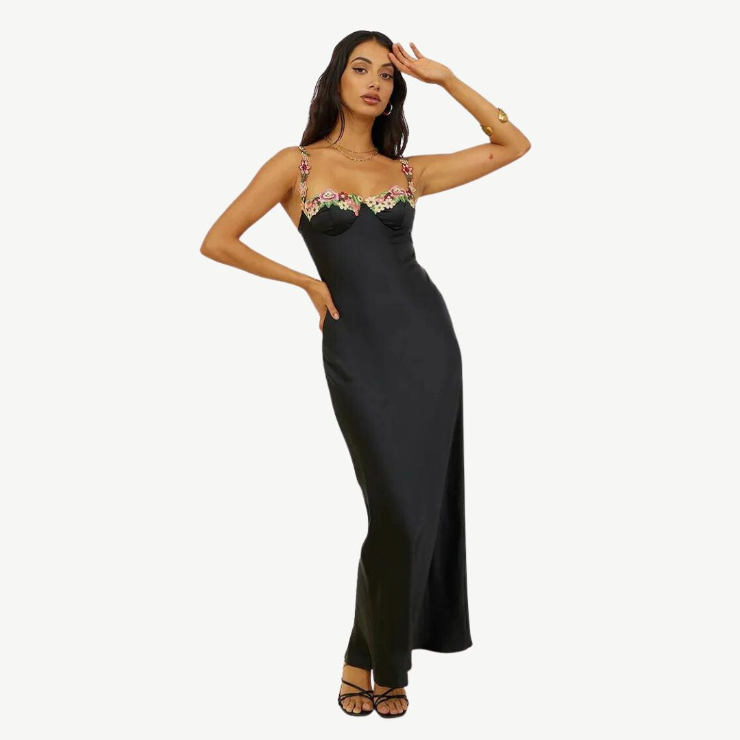 Model wearing the Maya Women's Embroidered Strap Dress, featuring intricate embroidery on the straps and a form-fitting, elegant silhouette, perfect for special occasions and sophisticated styling.