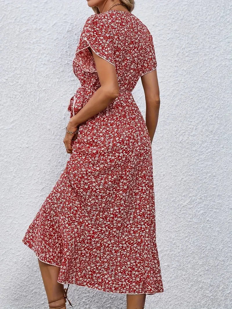 Model wearing the Lily | Flowy Wrap Midi Dress, featuring a flattering wrap design with flutter sleeves and a midi length. Perfect for casual outings and summer events, this dress offers a light, breezy, and feminine look.