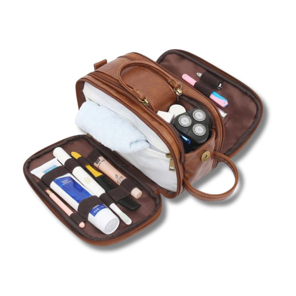 A spacious and functional travel organizer bag with multiple compartments, neatly holding toiletries, skincare products, and accessories for convenient storage and organization during travel.