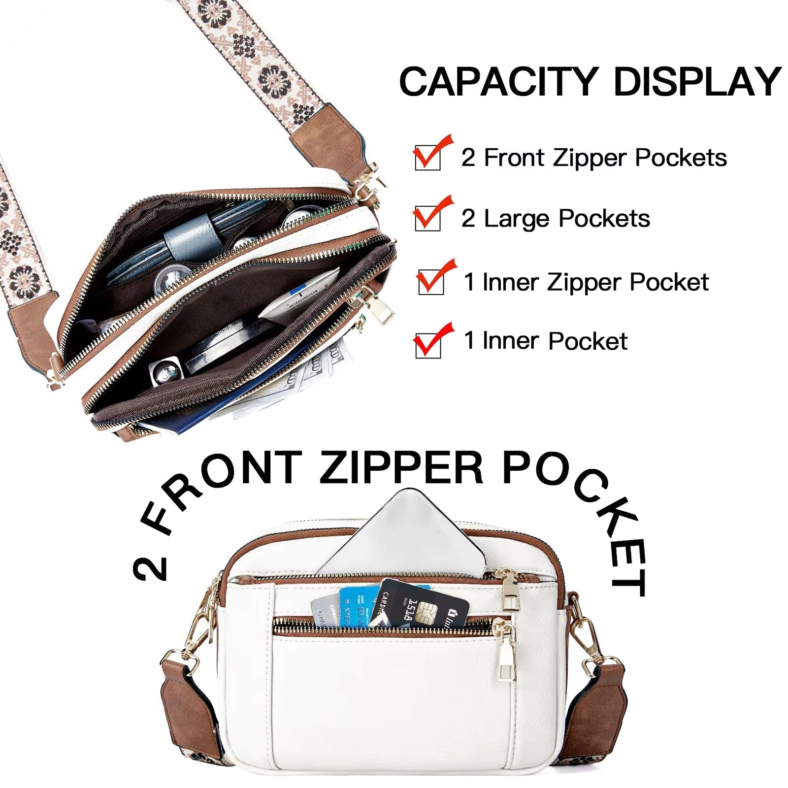  A woman sitting on a balcony railing wearing a stylish crossbody bag with an elegant design, featuring multiple compartments and an adjustable strap, ideal for everyday use.