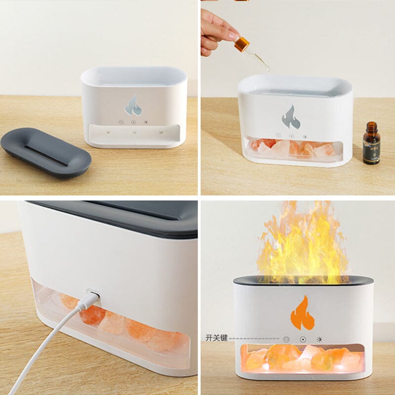 Image showing an aroma diffuser with a sleek design, featuring a button control and a compartment for essential oils, creating a relaxing atmosphere with a flame-like display effect.