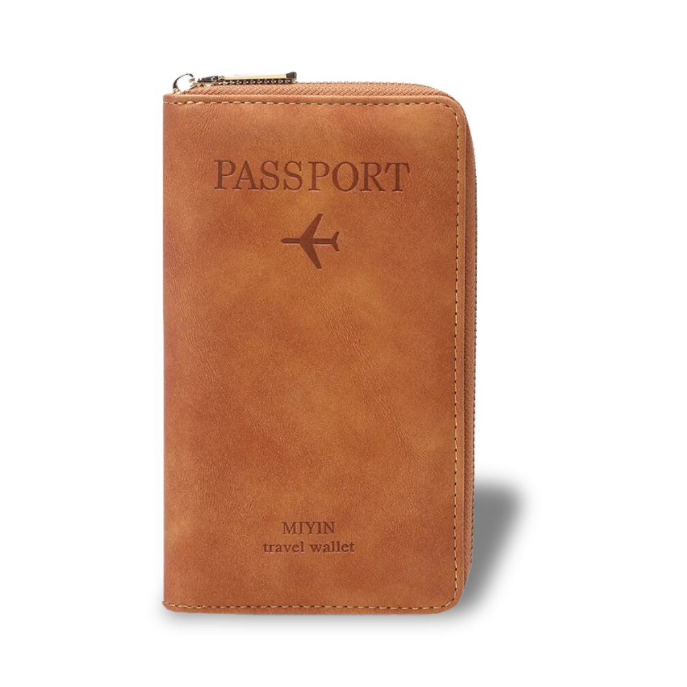 Travel wallet with a secure zipper closure, featuring a stylish design and "Passport" embossed on the front, ideal for organizing passports, cards, and travel essentials.