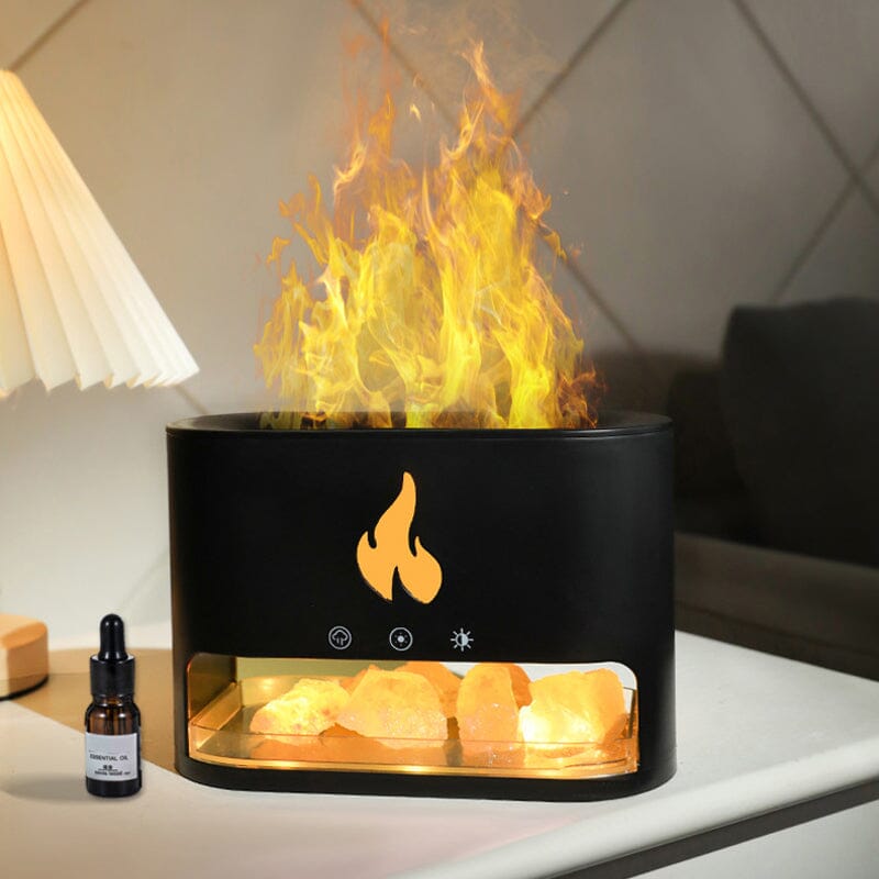 Image showing an aroma diffuser with a sleek design, featuring a button control and a compartment for essential oils, creating a relaxing atmosphere with a flame-like display effect.