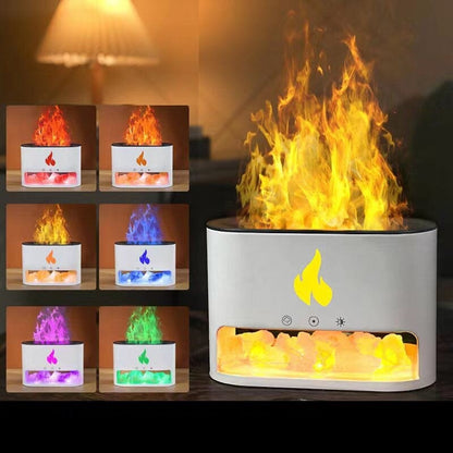 Image showing an aroma diffuser with a sleek design, featuring a button control and a compartment for essential oils, creating a relaxing atmosphere with a flame-like display effect.