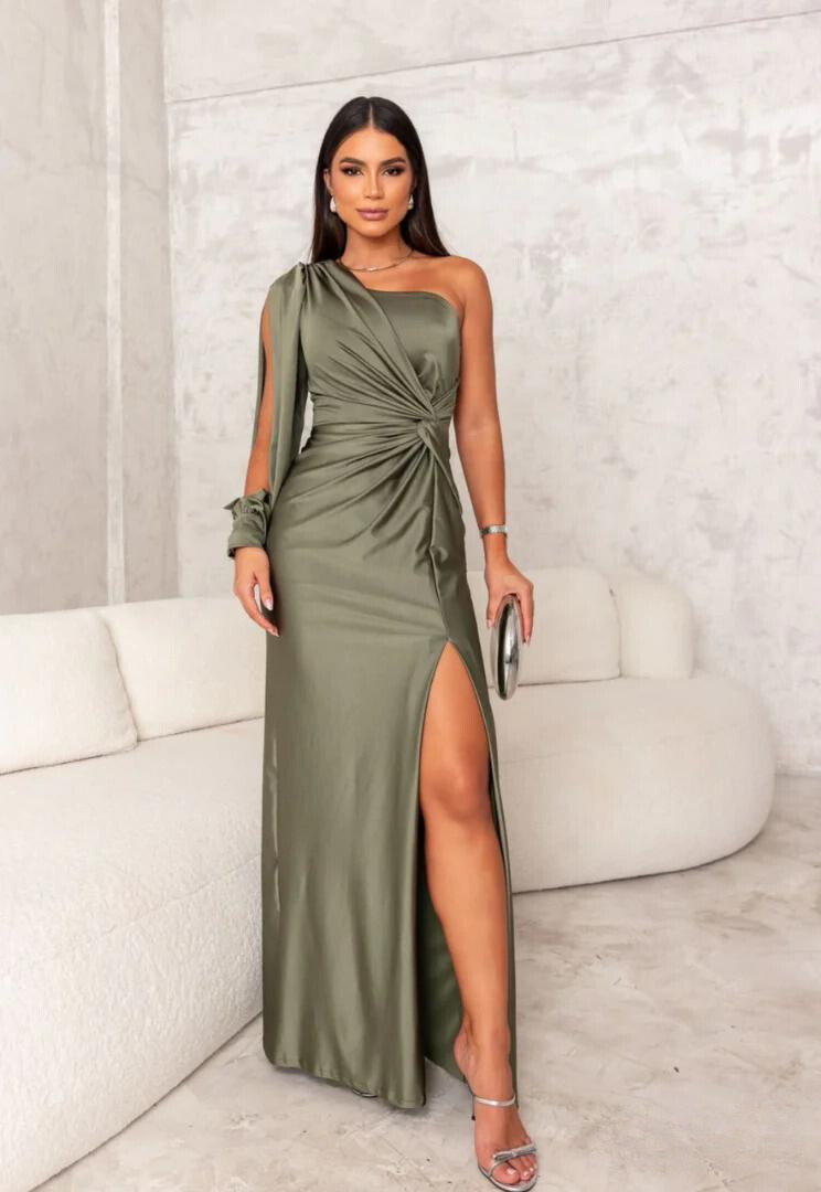 Woman wearing the Aria Women's One-Shoulder Dress, styled as a sophisticated party dress with a fitted silhouette and elegant gathered detail on the side.