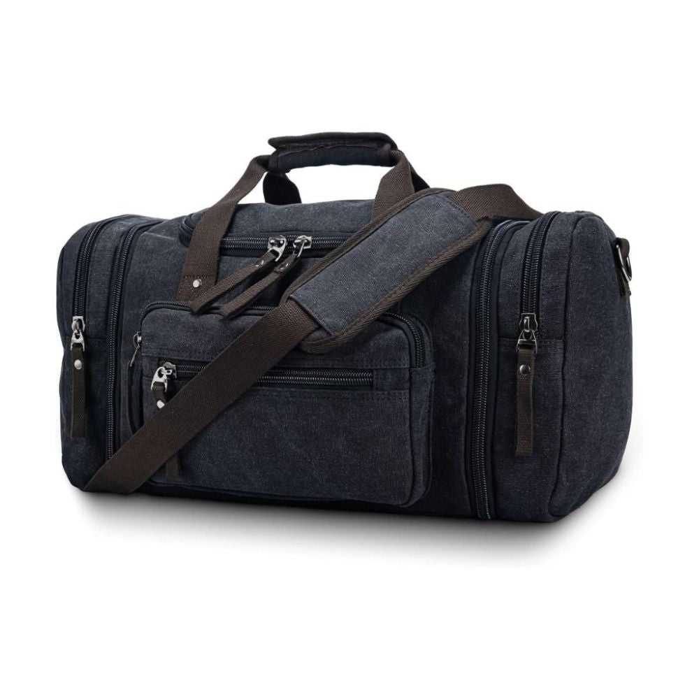 Stylish travel bag with a durable design, multiple pockets for organized storage, sturdy handles, and zippers, ideal for travel and weekend trips.