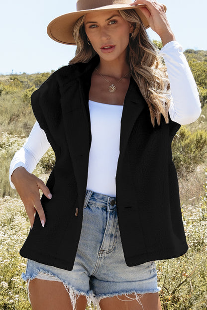 Cozy Sleeveless Sherpa Cape with Button Closure