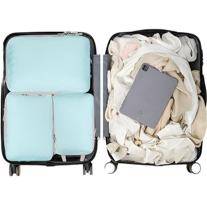 Set of organized travel bags with a sleek, compact design, featuring multiple sizes and zippers for efficient storage. Perfect for keeping clothes, toiletries, and travel essentials neatly arranged during trips. Lightweight and durable for convenient and stress-free travel.