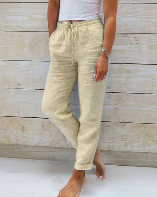 Woman wearing Sophie | Women's Relaxed Linen Pants | Casual Pants, featuring a comfortable drawstring waist and a loose, breathable fit, perfect for casual and relaxed settings.