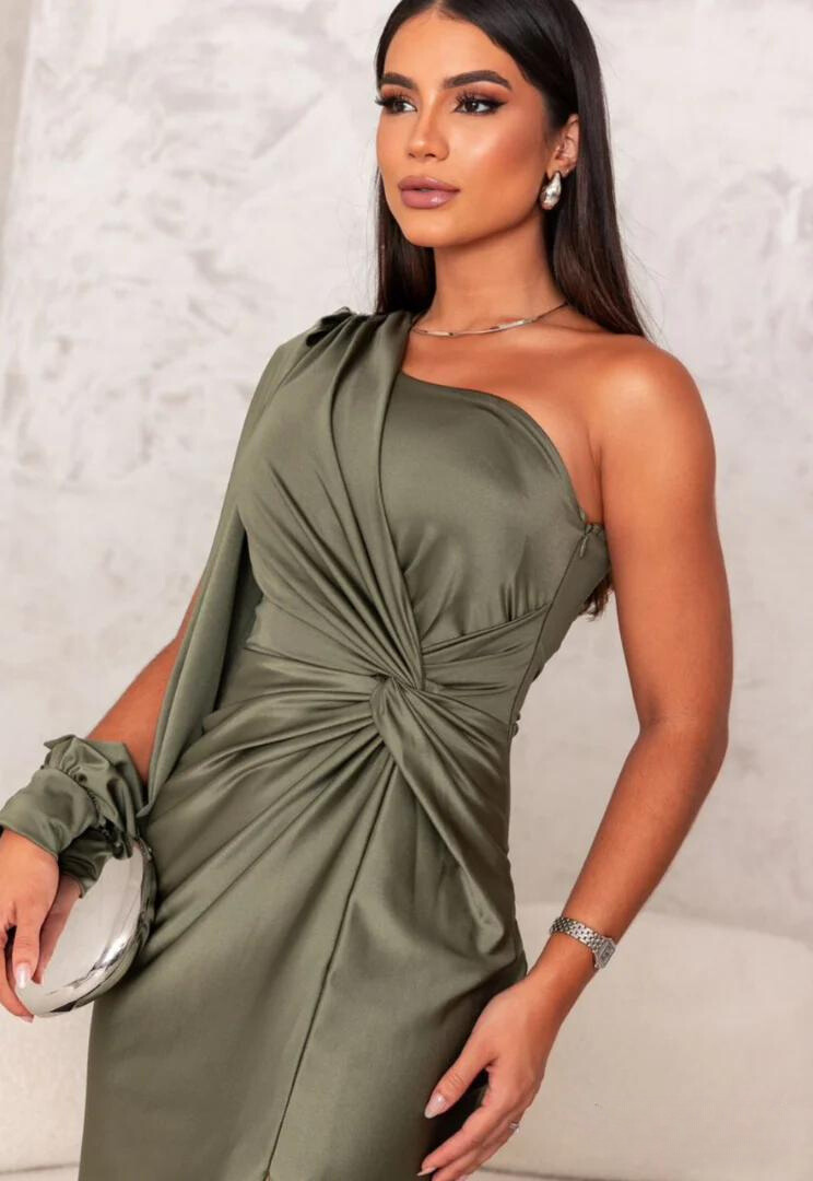 Woman wearing the Aria Women's One-Shoulder Dress, styled as a sophisticated party dress with a fitted silhouette and elegant gathered detail on the side.