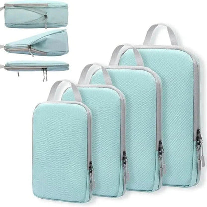 Set of organized travel bags with a sleek, compact design, featuring multiple sizes and zippers for efficient storage. Perfect for keeping clothes, toiletries, and travel essentials neatly arranged during trips. Lightweight and durable for convenient and stress-free travel.