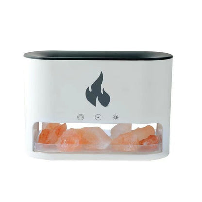 Image showing an aroma diffuser with a sleek design, featuring a button control and a compartment for essential oils, creating a relaxing atmosphere with a flame-like display effect.