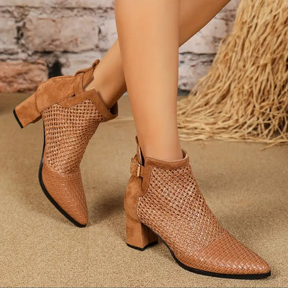 Elegant women's woven design ankle boots with buckle details and a sturdy block heel, perfect for adding a stylish touch to any outfit.