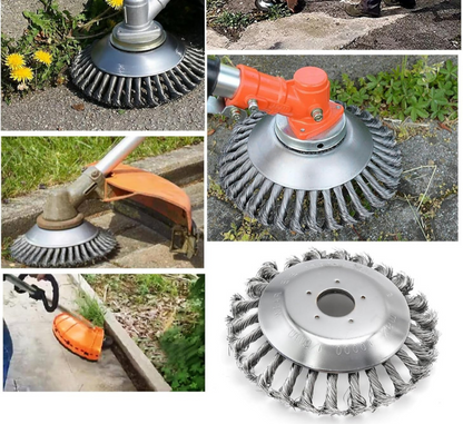 Precision brush cutter attached to a trimmer, effectively removing weeds and grass from outdoor surfaces.