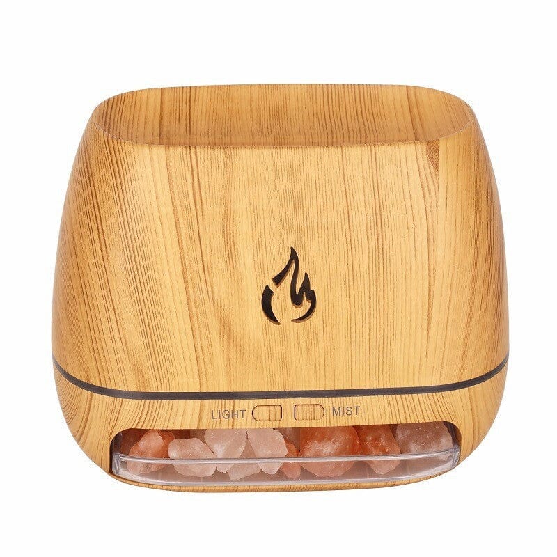 Image showing an aroma diffuser with a sleek design, featuring a button control and a compartment for essential oils, creating a relaxing atmosphere with a flame-like display effect.