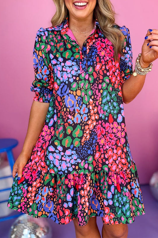 Blue Fashion Print Smocked Half Sleeve Dress by AuraElegance