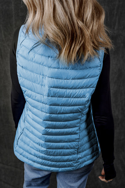 Blue Plush Collared Quilted Zipped Puffer Vest