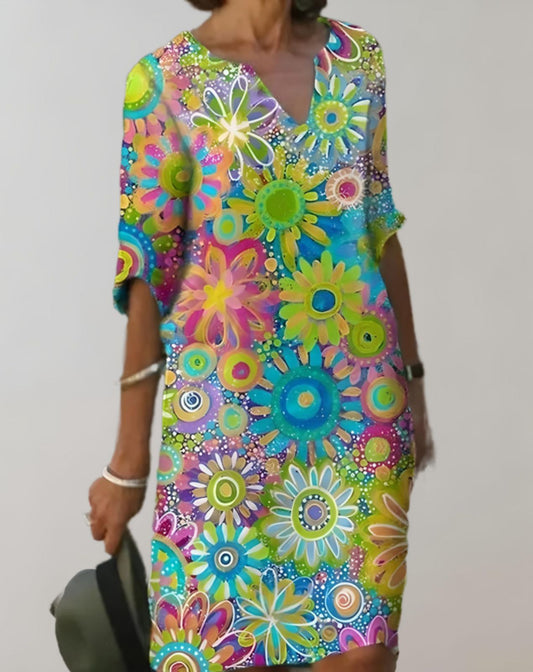 Luna - Floral V-Neck Summer Dress with Half Sleeves