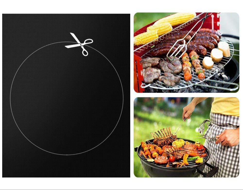 Non-stick grill mat placed on a barbecue grill with grilled salmon fillets and lemon slices, showcasing even cooking and ease of use.