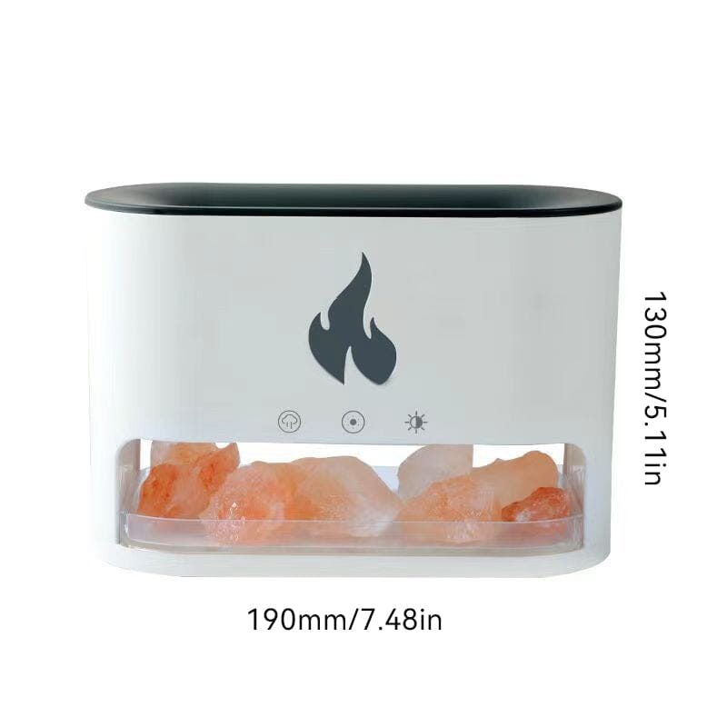 Image showing an aroma diffuser with a sleek design, featuring a button control and a compartment for essential oils, creating a relaxing atmosphere with a flame-like display effect.