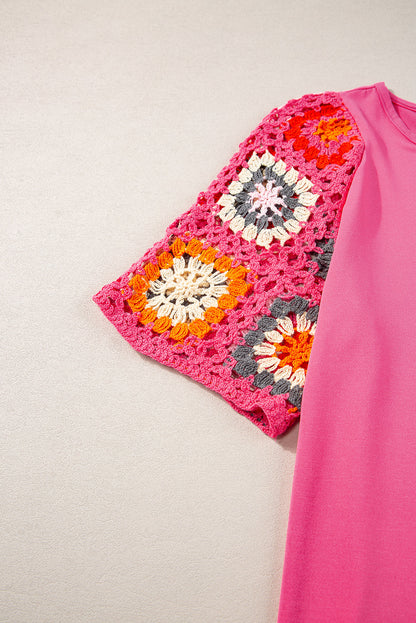 Black Floral Crochet Short Sleeve Top