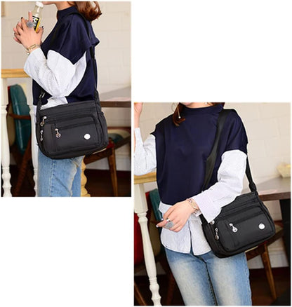  Functional multi-pocket bag with adjustable strap, multiple zippered compartments, and side pockets, offering ample space for daily essentials. Compact and lightweight design for easy carrying. Perfect for organization and travel use.