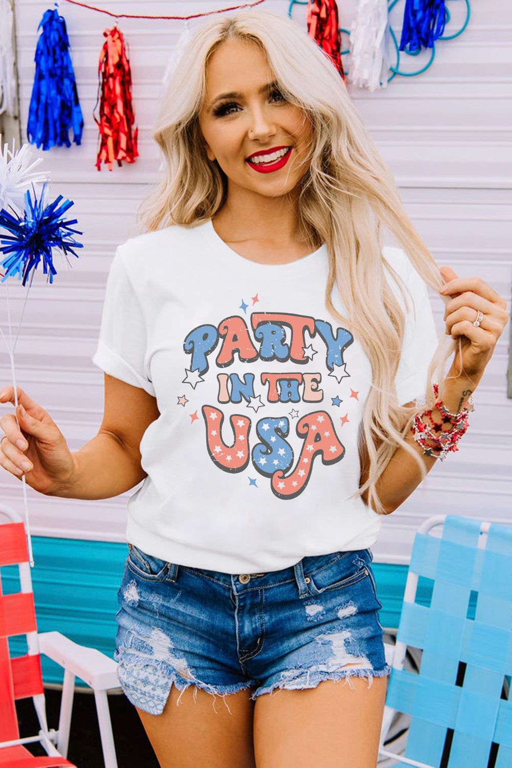 StarWave White Party in the USA Flag Fashion Top