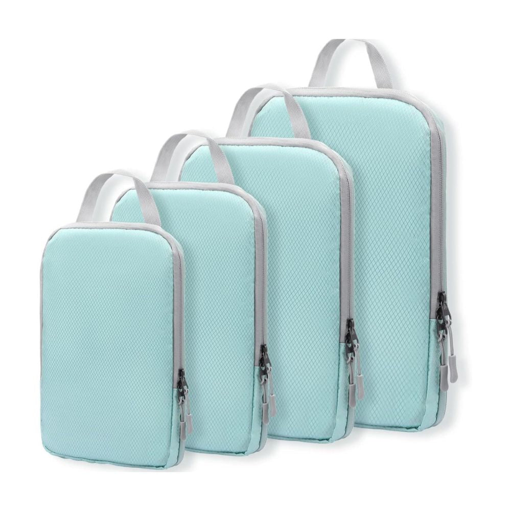 Set of organized travel bags with a sleek, compact design, featuring multiple sizes and zippers for efficient storage. Perfect for keeping clothes, toiletries, and travel essentials neatly arranged during trips. Lightweight and durable for convenient and stress-free travel.