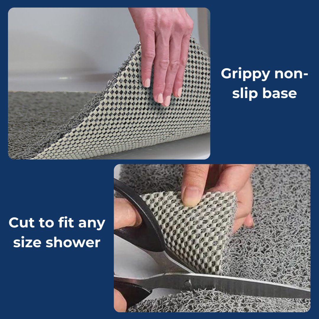  A bathroom anti-slip mat placed near a shower with a person stepping onto it, featuring a quick-dry design and textured surface for enhanced grip and safety.