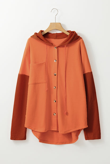 Button Up Contrast Knitted Sleeves Hooded Jacket