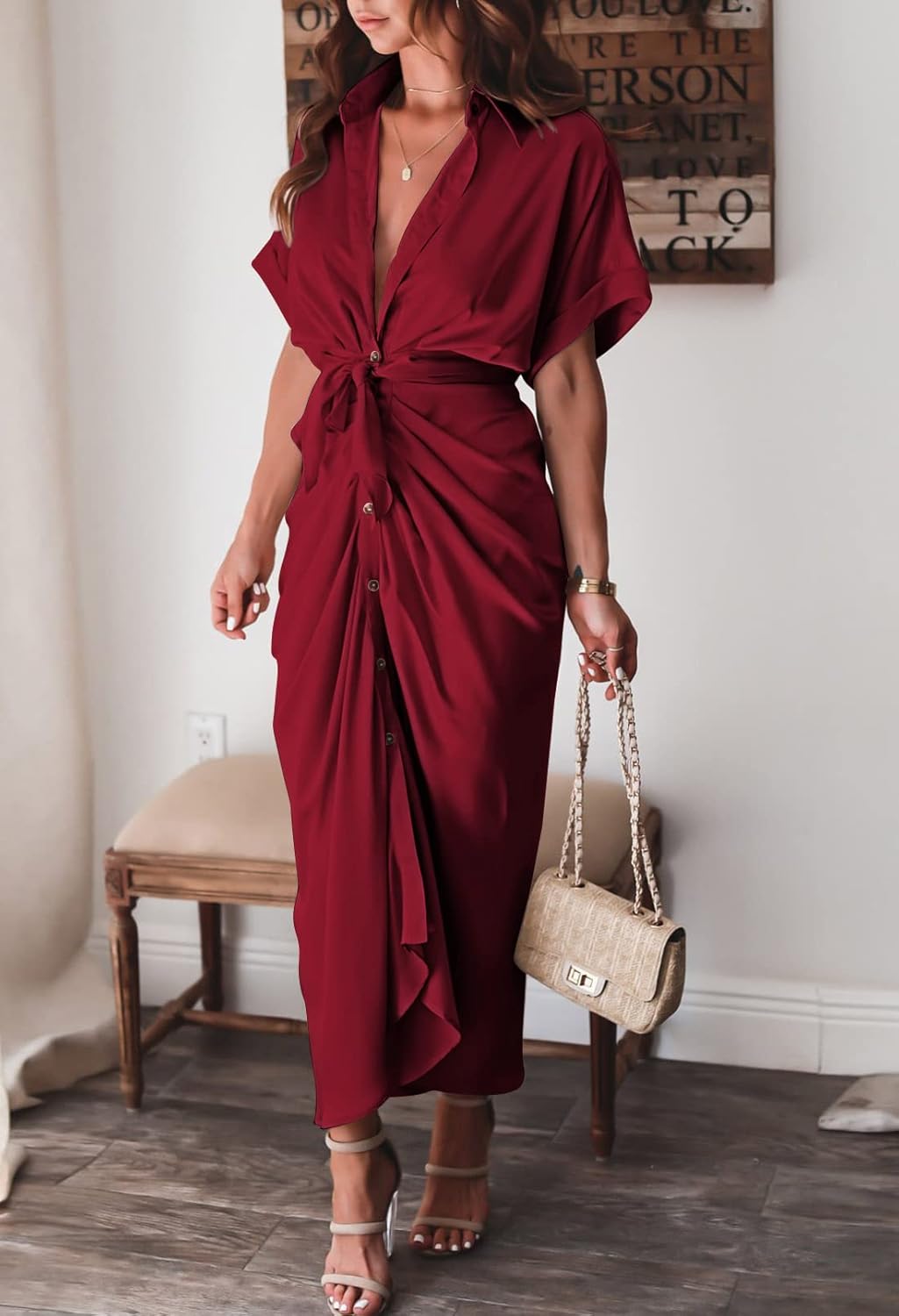 Woman wearing the Celeste Women's Kimono Sleeve Maxi Dress, a sophisticated party dress with elegant kimono sleeves and a fitted waist, standing gracefully in a stylish indoor setting.