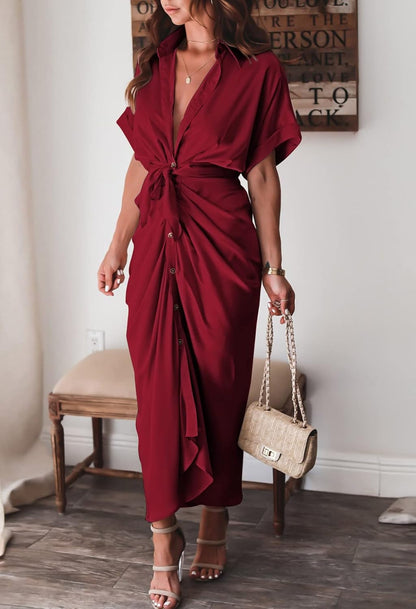 Woman wearing the Celeste Women's Kimono Sleeve Maxi Dress, a sophisticated party dress with elegant kimono sleeves and a fitted waist, standing gracefully in a stylish indoor setting.