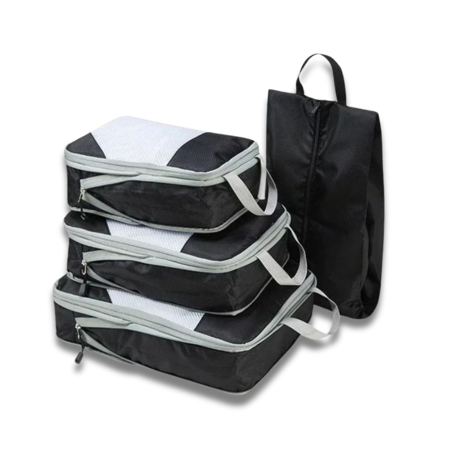  Travel organizer set displayed inside an open suitcase, featuring multiple compartments and pouches designed for compact and efficient packing. Ideal for organizing clothes and accessories during trips.