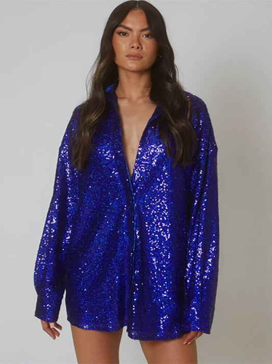 A stylish oversized sequined shirt dress for women, featuring a loose fit and shimmering details, perfect for parties or glamorous events.