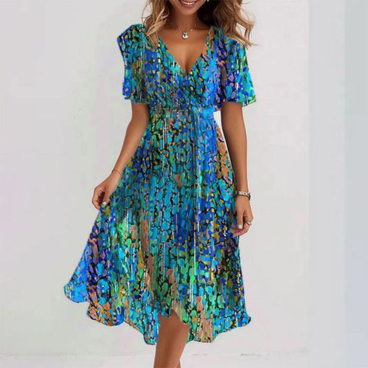 A stylish woman wearing a flowing, elegant summer dress with a flattering design, perfect for casual outings or vacations. The dress features a comfortable fit and a chic, lightweight fabric ideal for warm weather.