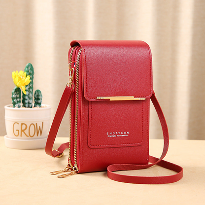 Image showing a compact and stylish women's crossbody bag with a sleek design, featuring a front flap, zipper closure, and an adjustable strap, ideal for carrying essentials on the go.