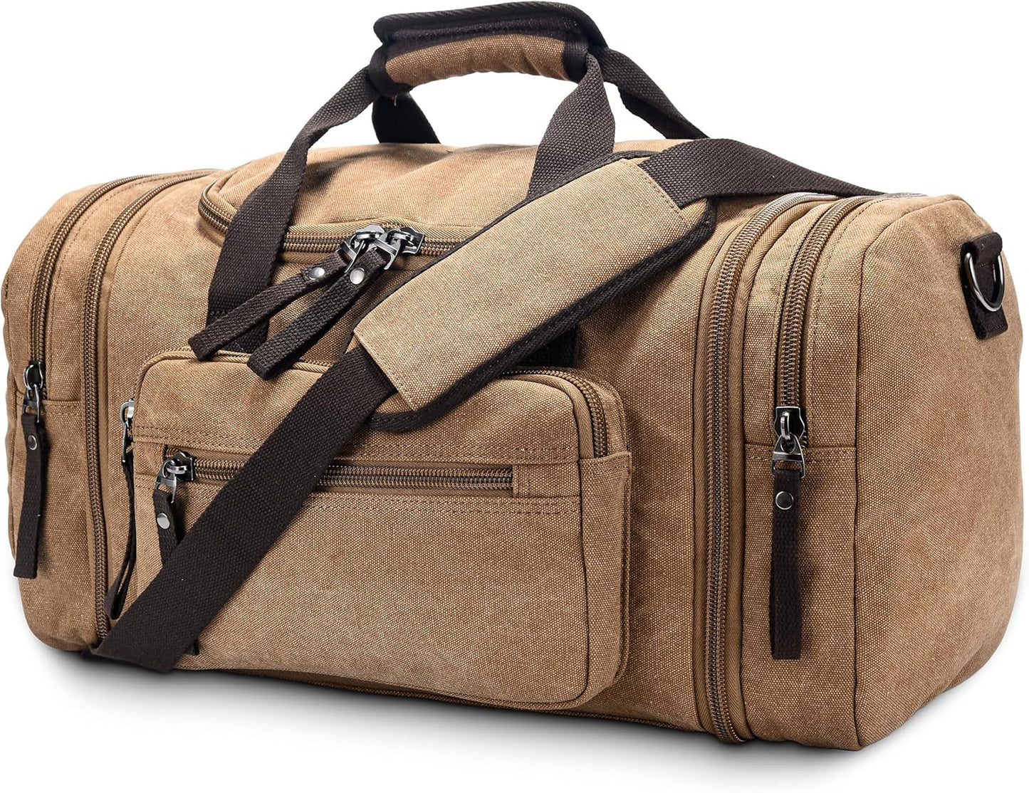 Stylish travel bag with a durable design, multiple pockets for organized storage, sturdy handles, and zippers, ideal for travel and weekend trips.