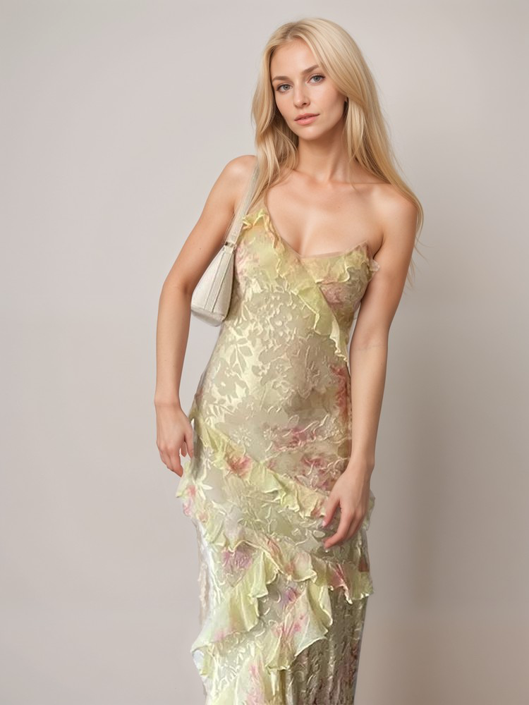 A model showcasing the Lila | Women's Flowing Ruffled Dress | Elegant Maxi Dress, featuring a delicate ruffled design and a flattering maxi-length fit, perfect for formal occasions or a romantic evening.