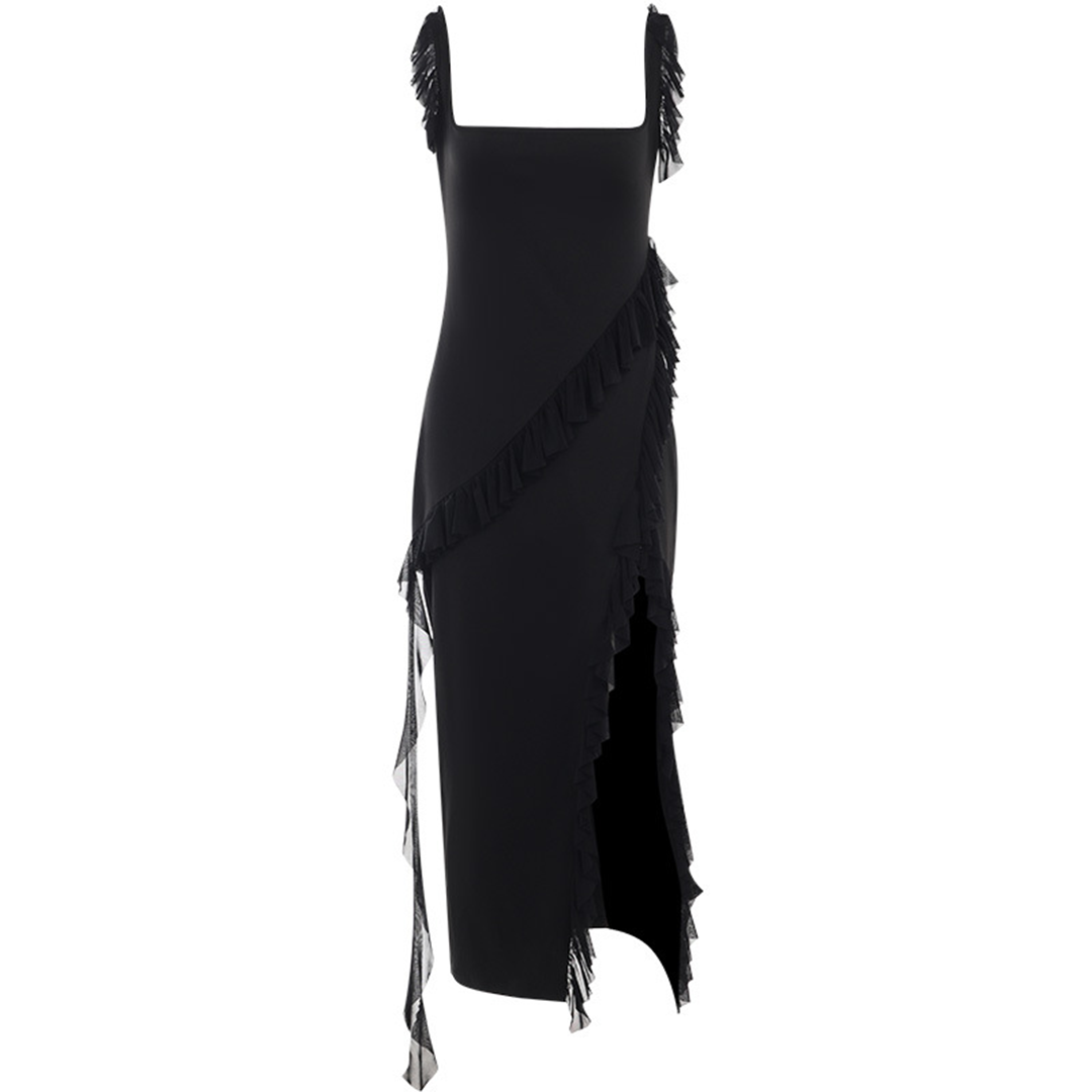 Women's elegant flowy dress with ruffled details, a square neckline, delicate shoulder straps, and a high slit for a sophisticated and stylish look.