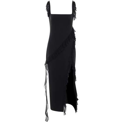 Women's elegant flowy dress with ruffled details, a square neckline, delicate shoulder straps, and a high slit for a sophisticated and stylish look.