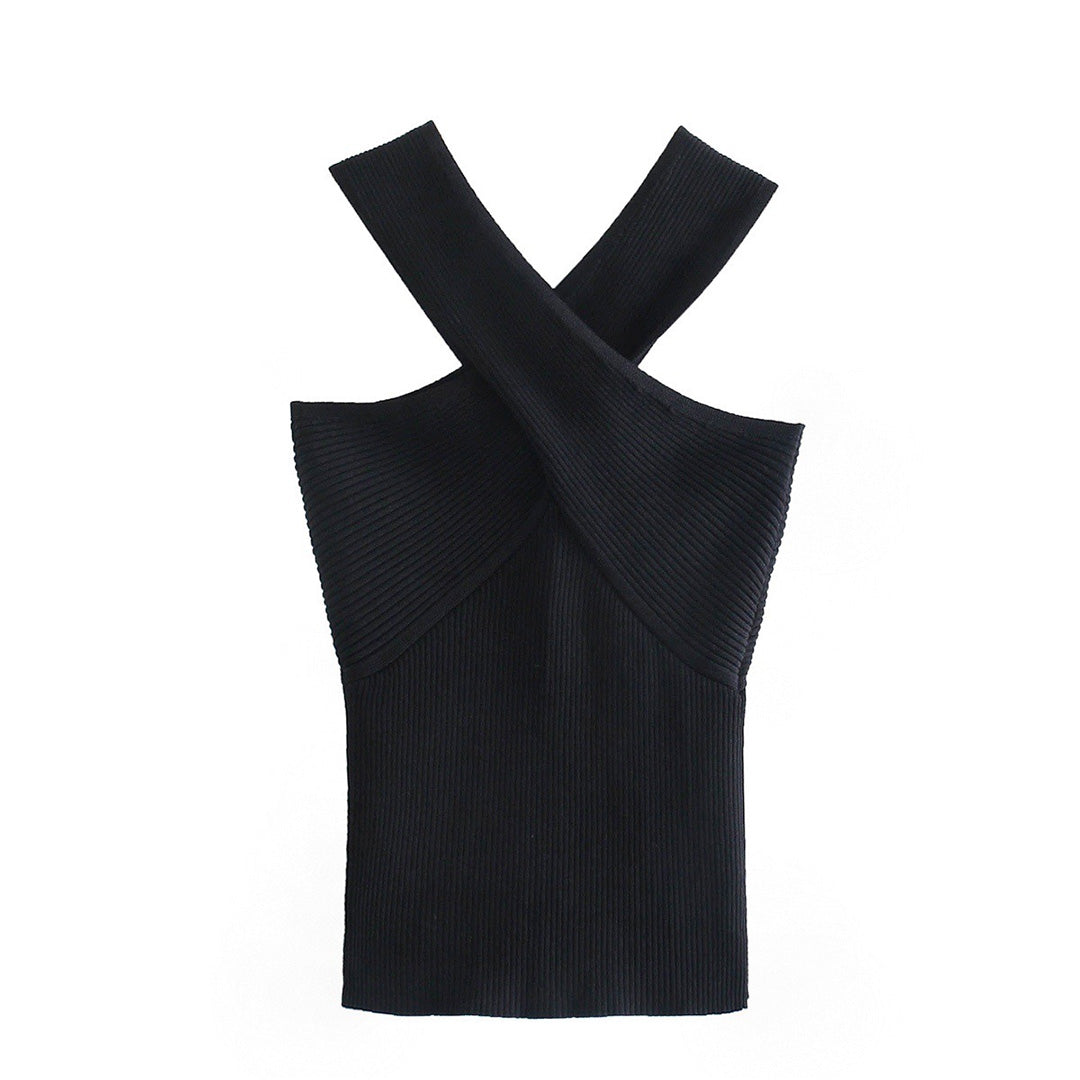 Women's elegant halter top with a fitted design, featuring a cross-over neckline for a stylish and sophisticated look.
