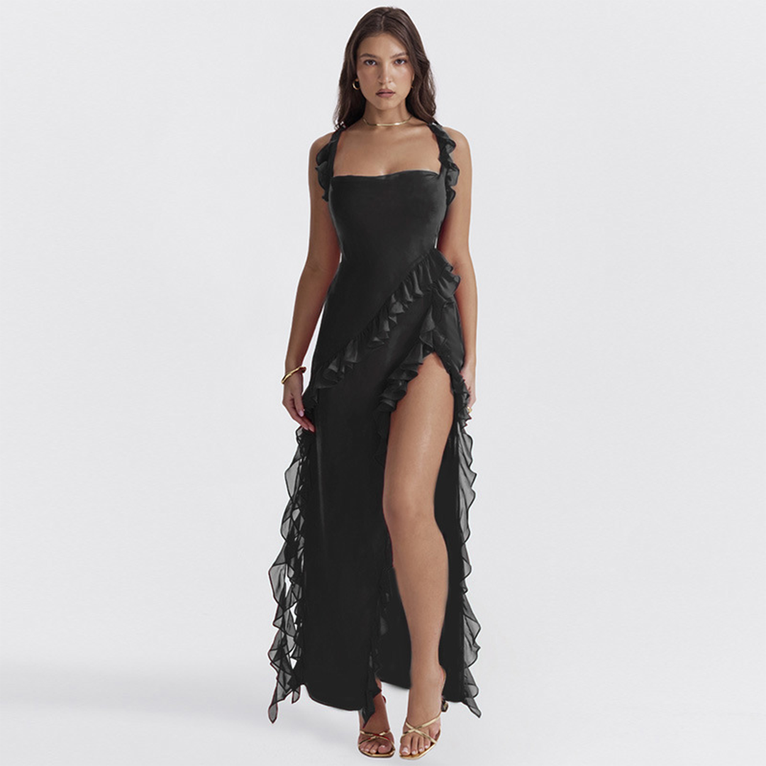Women's elegant flowy dress with ruffled details, a square neckline, delicate shoulder straps, and a high slit for a sophisticated and stylish look.