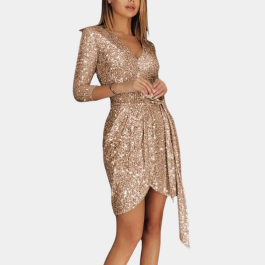 Lily | Dazzling Sequin Wrap Dress with Belt for Women - elegant dress with long sleeves, V-neckline and draped belt, perfect for enhancing your figure and shining at parties and special occasions.