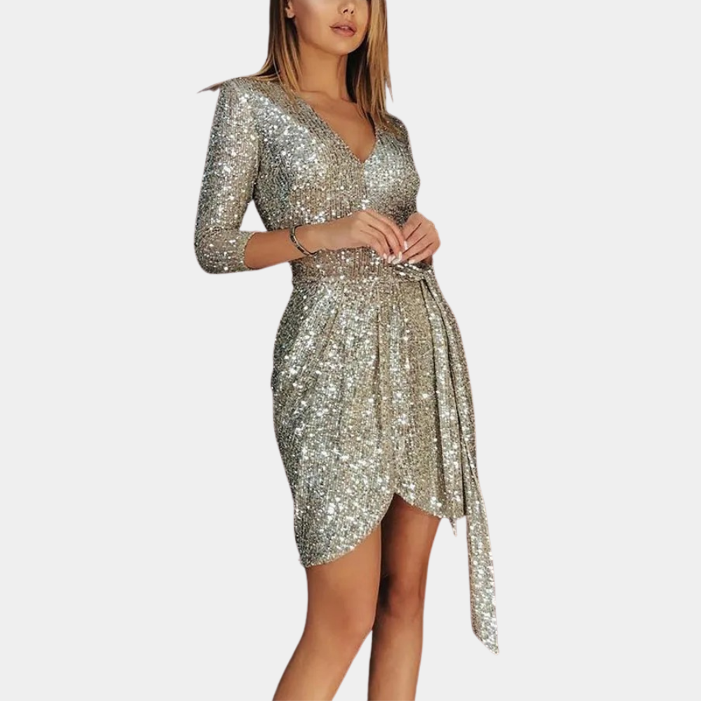 Lily | Dazzling Sequin Wrap Dress with Belt for Women - elegant dress with long sleeves, V-neckline and draped belt, perfect for enhancing your figure and shining at parties and special occasions.