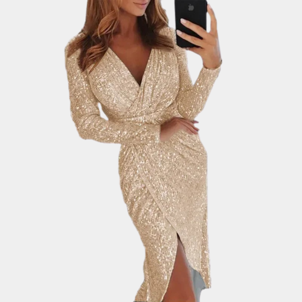 Valerie | Long-Sleeve Wrap Sequin Dress with Slit for Women - glamorous dress with sparkling sequins, long sleeves and a chic slit, ideal for enhancing your figure at parties and special events.