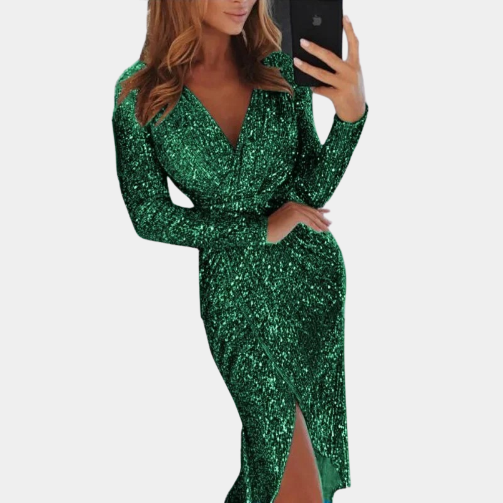 Valerie | Long-Sleeve Wrap Sequin Dress with Slit for Women - glamorous dress with sparkling sequins, long sleeves and a chic slit, ideal for enhancing your figure at parties and special events.